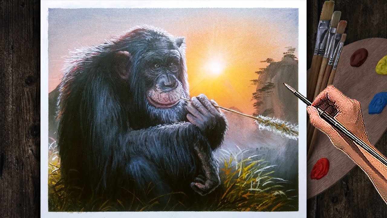 Acrylic Sunset Painting Tutorial with Wild Animal / Chimpanzee on Golden  Hour - YouTube