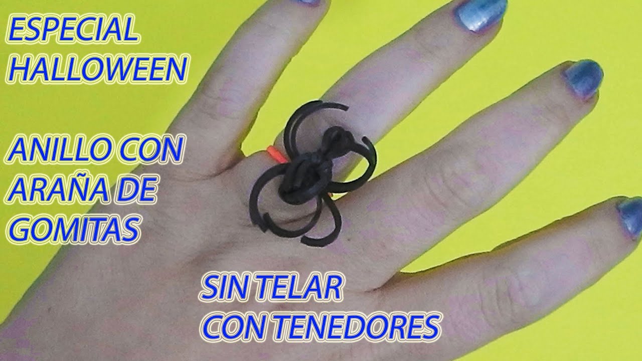 Como hacer un anillo con una araña de gomitas con tenedores, sin telar manualidades para Halloween
