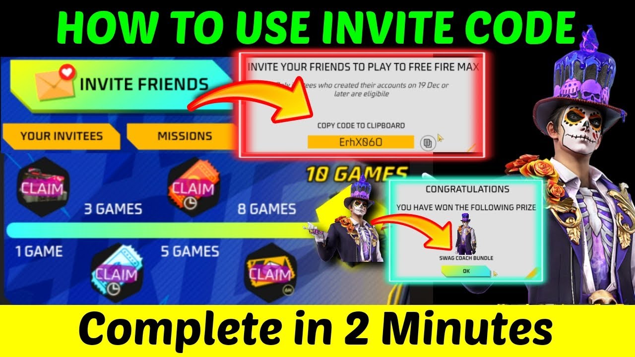 HOW TO USE INVITE CODE IN FREE FIRE NEW EVENT invite friends code kaise use karen claim male
