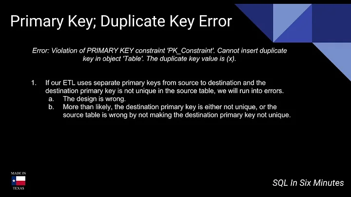 (ETL) Violation of PRIMARY KEY constraint 'PK_Constraint' - Different Source and Destination Keys