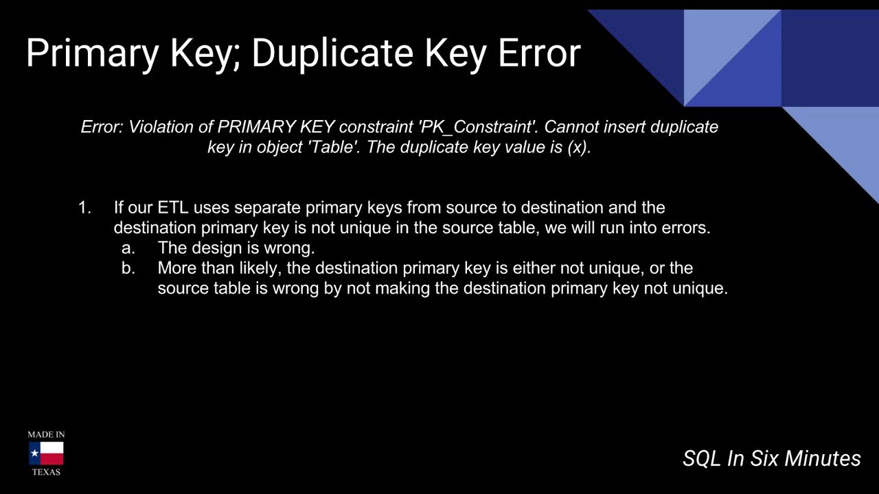 Etl) Violation Of Primary Key Constraint 'Pk_Constraint' - Different Source  And Destination Keys - Youtube