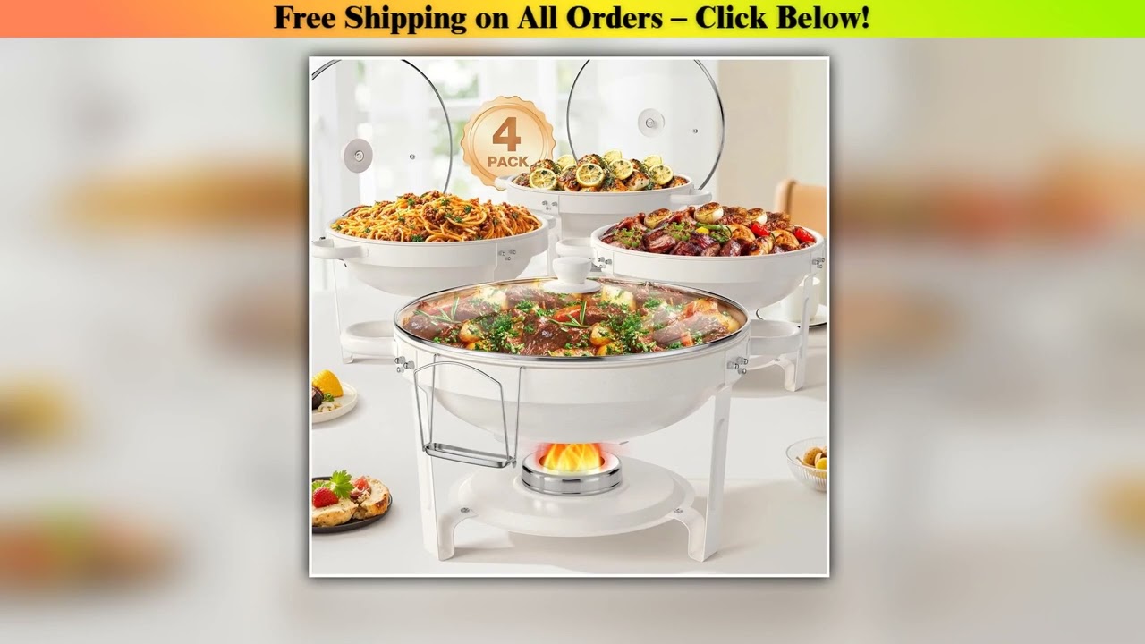 White Chafing Dishes for Buffet with Glass Lid (5QT, 1-2-4Pack), Stackable, Lid Holder for Party,