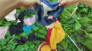 Washing and drying underwear outdoors for a female student