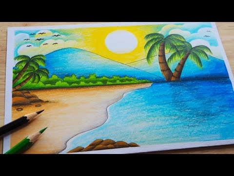 วาดรูปธรรมชาติ ระบายสีทะเลสวยๆ สีไม้ | How to draw Sea with Color Pencil / Drawing Landscape