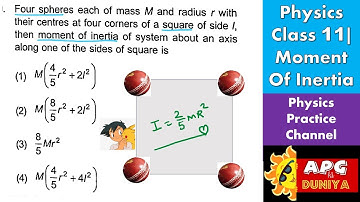Four spheres each of mass M and radius r with their centres at four corners of a square of side /, t