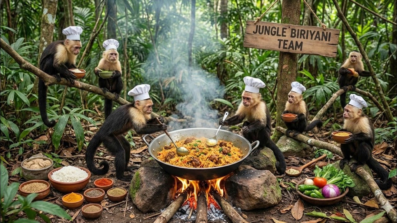 The Monkey team Cooking Indian Famous Dada Boudi Biriyani and Enjoying Full Day With Jungle Monkey