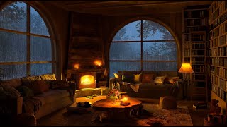 Stress Relief in A Cozy Reading Nook Ambience 🌧️ Soft Jazz, Rain & Fireplace Sounds for A Deep Sleep