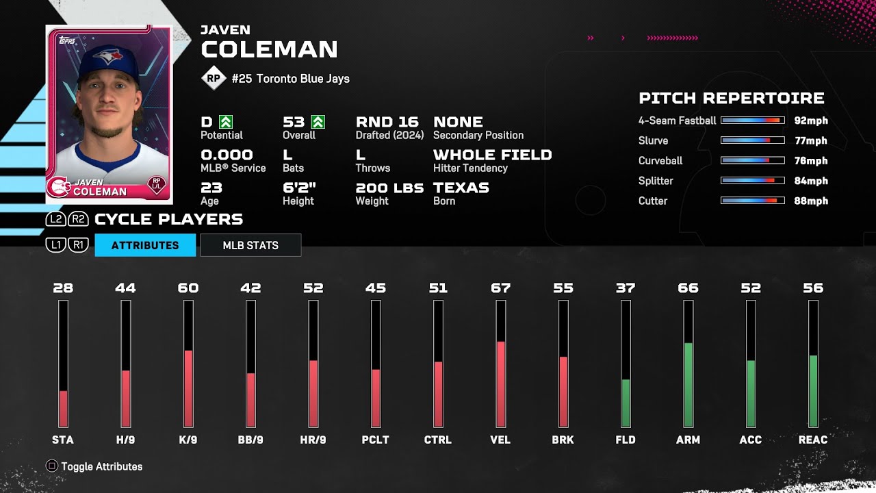 【MLBTheShow25Stats/メジャーリーグ選手能力】BlueJays1A 25 Javen Coleman TOR1A ジェイブン・コールマン選手