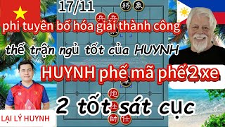 phi tuyên bố hóa giải thành công thế trận ngủ tốt của HUYNH .HUYNH bỏ mã phế 2 xe , 2 tốt sát cục