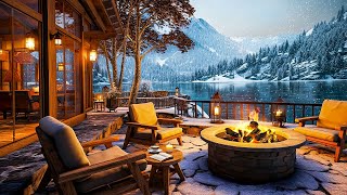 Winter Porch Ambience ⛄ Snowy Day with Warm Piano Jazz Music and Crackling Fireplace for Relax, Work