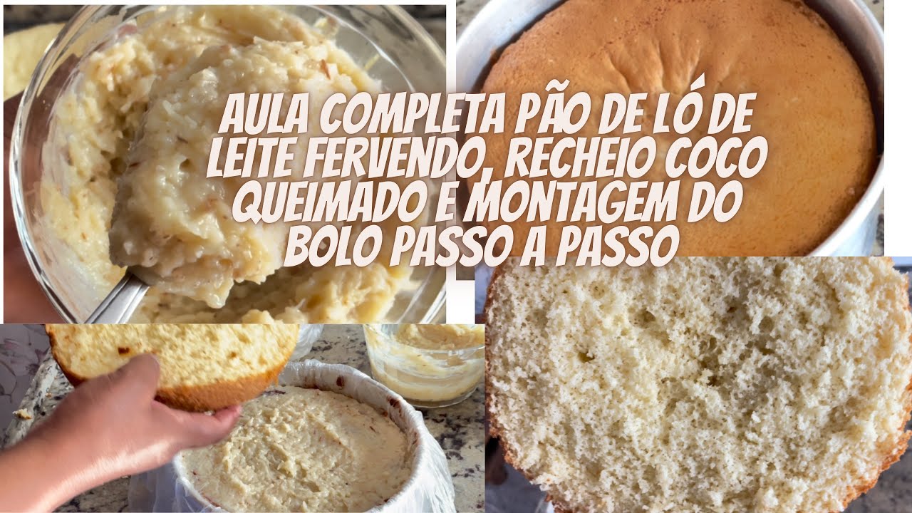 Aula grátis aprenda a fazer pão de ló de leite fervendo, recheio de coco queimado montagem do bolo