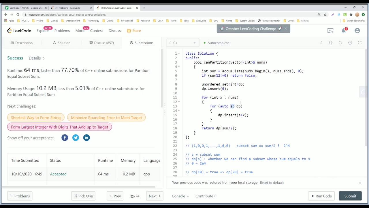 【每日一题】416. Partition Equal Subset Sum, 10/11/2020 - YouTube