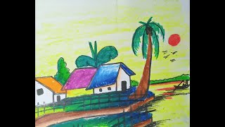 How To Draw An Easy Village Scenery//Beginner Scenery Drawing// Landscape//TreeHouseHillsbridge/