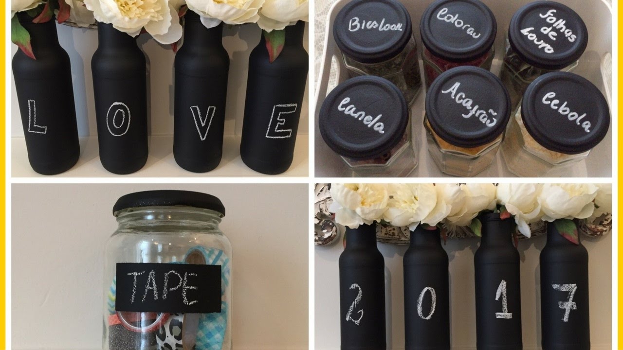 Reaproveitando vidros- com tinta para quadro negro-vasos- porta temperos- pote organizador