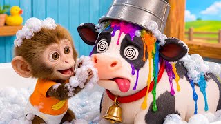 Moo Moo Cow🐄 Bath and Learn Animal Sound Song with baby Monkey | Nursery Rhymes & Kids Songs