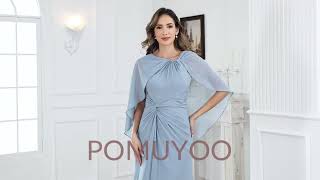 POMUYOO | Elegant A-Line Scoop Short Sleeves Pleats Long Chiffon Mother of the Bride Dresses