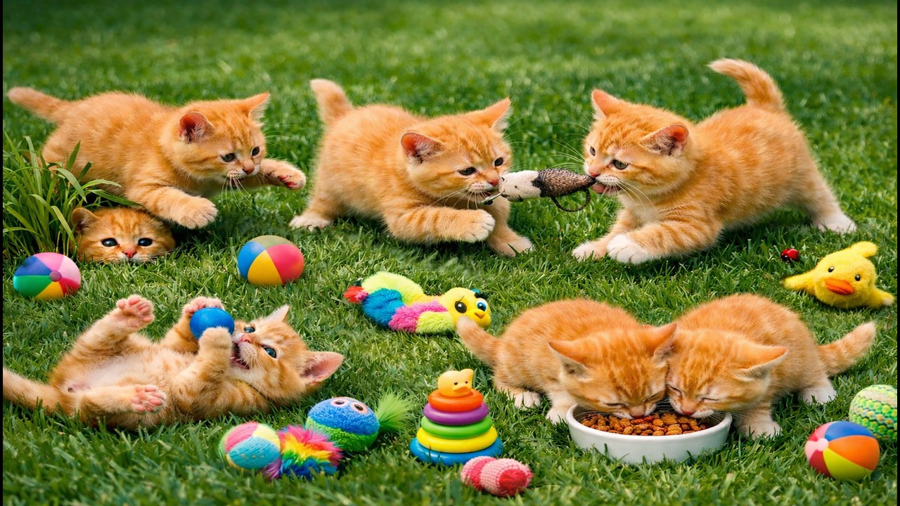 🌈 Cute Kittens Playing, Eating & Chasing Toys on Green Grass | Happy Cat Video