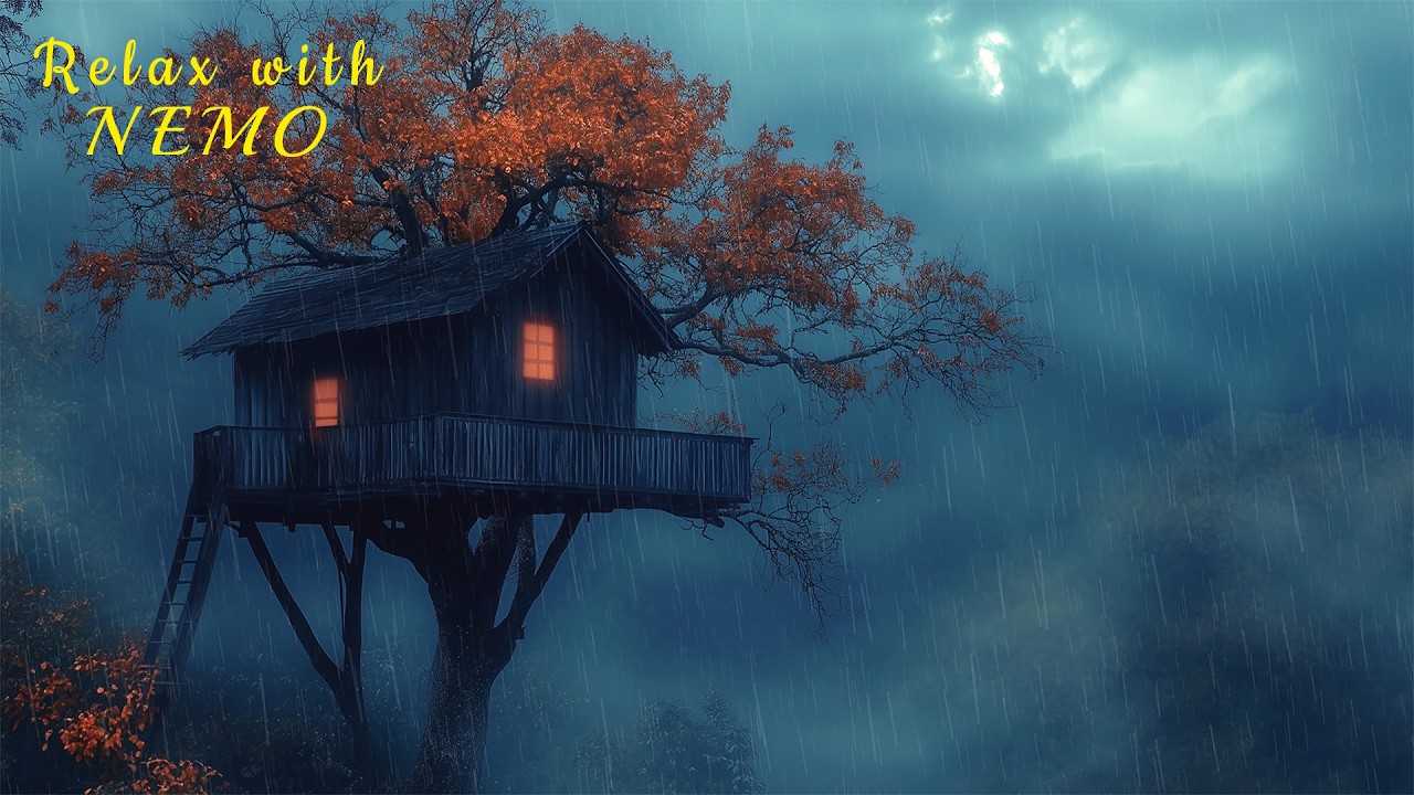 Cozy Treehouse Above the Forest on a Rainy Autumn Night - Soft Rain ...
