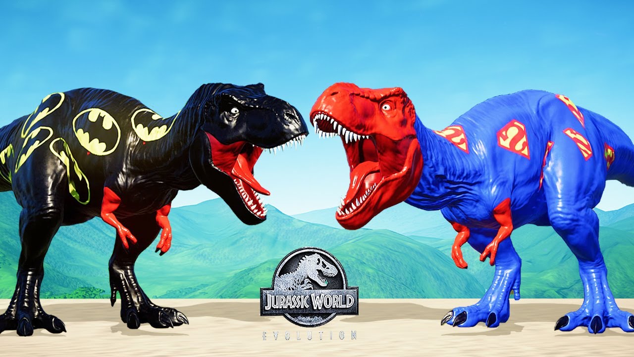 BATMAN T REX VS SUPERMAN T REX | DINOSAUR FIGHTING || JURASSIC WORLD  EVOLUTION - YouTube