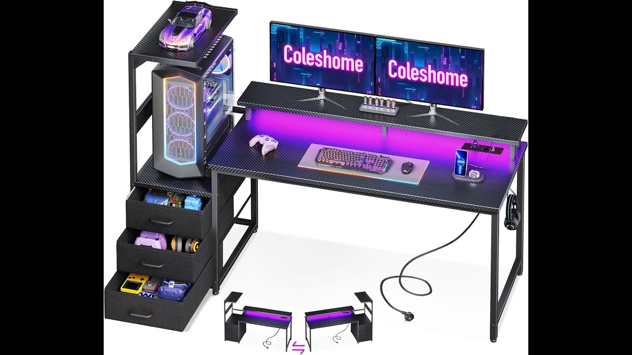 Aheaplus Scrivania Da Gaming Reversibile In Rovere Nero - Con Luci LED, Presa USB E Cassetto Portadocumenti - 3