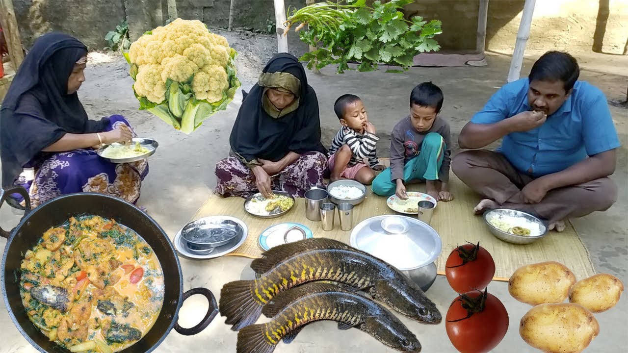 How to Cook a Snakehead fish with Cauliflower, Potato and Tomato Curry by our BD Village Gramdma ||