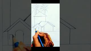 simple scenery drawing with three house and two trees. #drawing #art #sketchbyrima #youtubeshorts #s