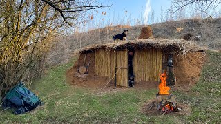 Building an earthen shelter in a clay mountain | Warm fireplace and reed roof