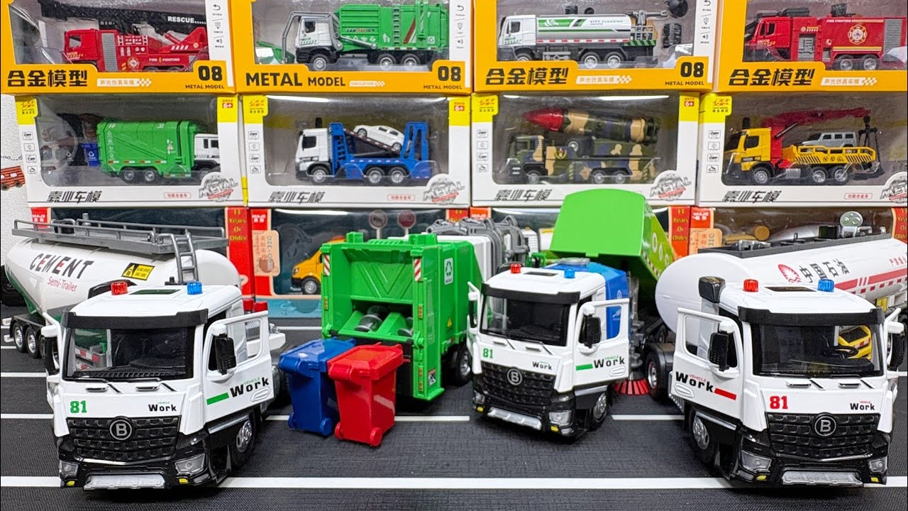 Diecast Trucks Of Bulk Cement Tanker Truck, Garbage Truck, Road Sweeper Truck, Fuel Tanker Truck