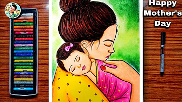 How to draw Mother's Day With Oil Pastel, Mother and Baby drawing easy, Mother's Love #drawing
