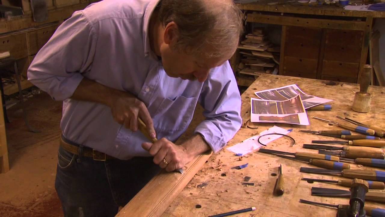 Duncan Phyfe Low-Relief Carving: Craftsman Allan Breed Carves a Bow Knot and Thunderbolt Crest