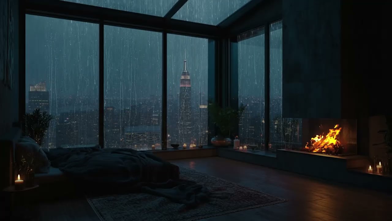 Rain Sounds for Deep Sleep – 3 Hours 🌧️ Fireplace Sounds in Cozy NYC Apartment