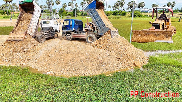 Nicely Landfill Old Dozer Komatsu D20p, pushing soil cover | Dump Truck unloading away!