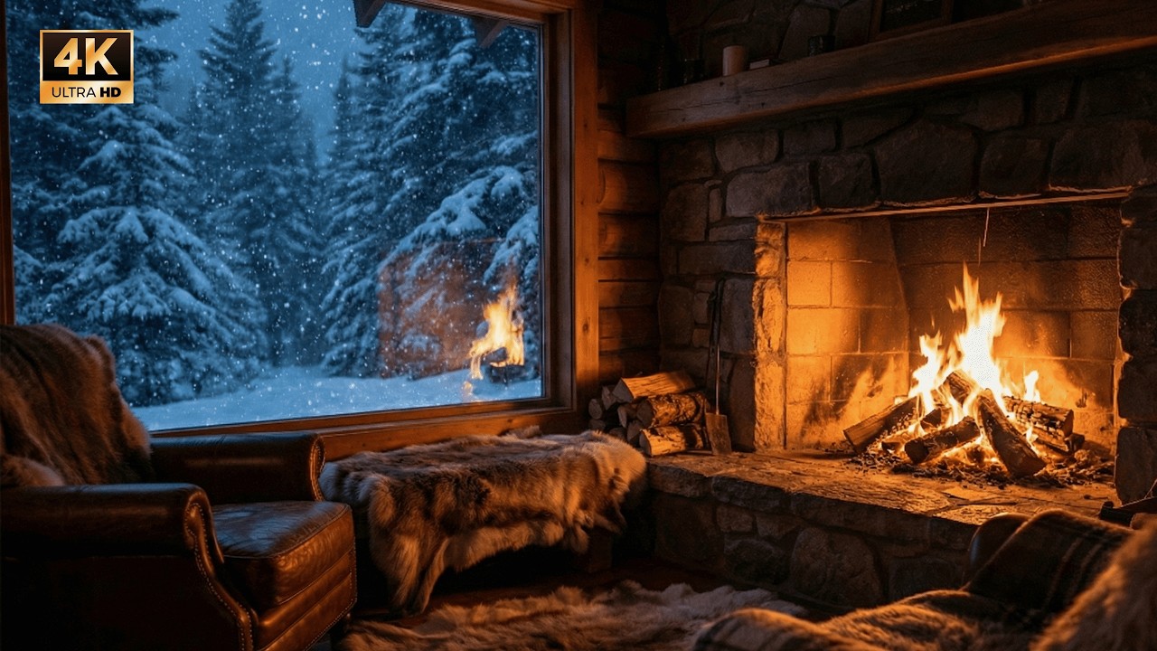 Cozy Winter Cabin Fireplace Sounds 8 Hours | Snowfall Outside for Sleep | No Music 4K