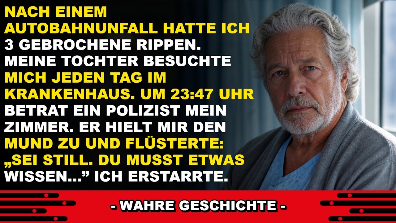 Die fünfte Nacht nach meinem Unfall lag ich allein in meinem Krankenzimmer, als sich um 2:47 Uhr die Tür öffnete. Ein Polizeibeamter trat ein, verschloss sie und legte mir die Hand auf den Mund....