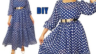 DIY: Cutting and stitching|How to make a puff sleeve tiered maxi dress/long gown.No Pattern!