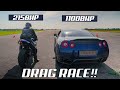 DRAG RACE!! TUNED YAMAHA R1 vs 1100BHP NISSAN GTR