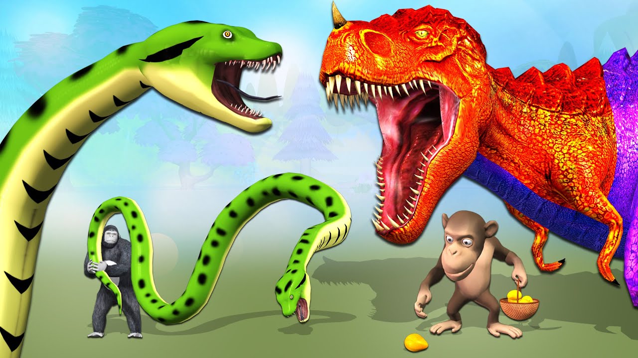 Anaconda vs Gorilla Monkey Tyrannosaurus Rex cartoon video || Cartoon Gorilla animated video
