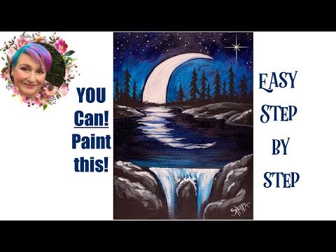 Moon and Waterfall at night Easy Painting in acrylic Live Streaming