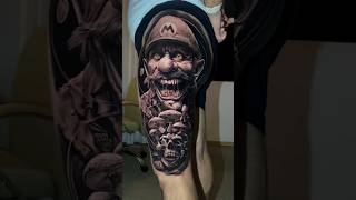 Epic Hyper-Realistic Mario Bros Leg Tattoo Black And Grey Realism Masterpiece