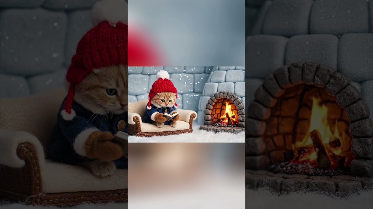 The cat in the iglú house very cold 