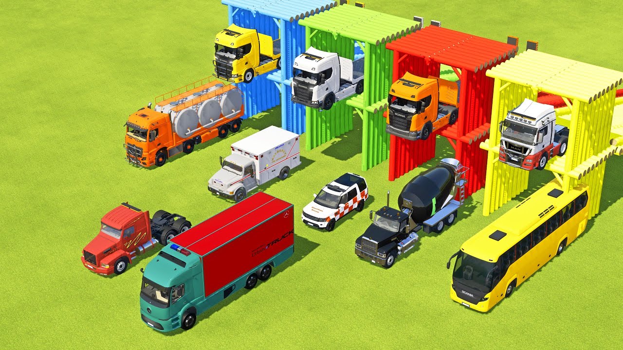 TRANSPORTING MILITARY TRUCK, FIRE TRUCK, FIRE DEPARTEMENT, FORD POLICE, AMBULANCE WITH TRUCKS ! FS22