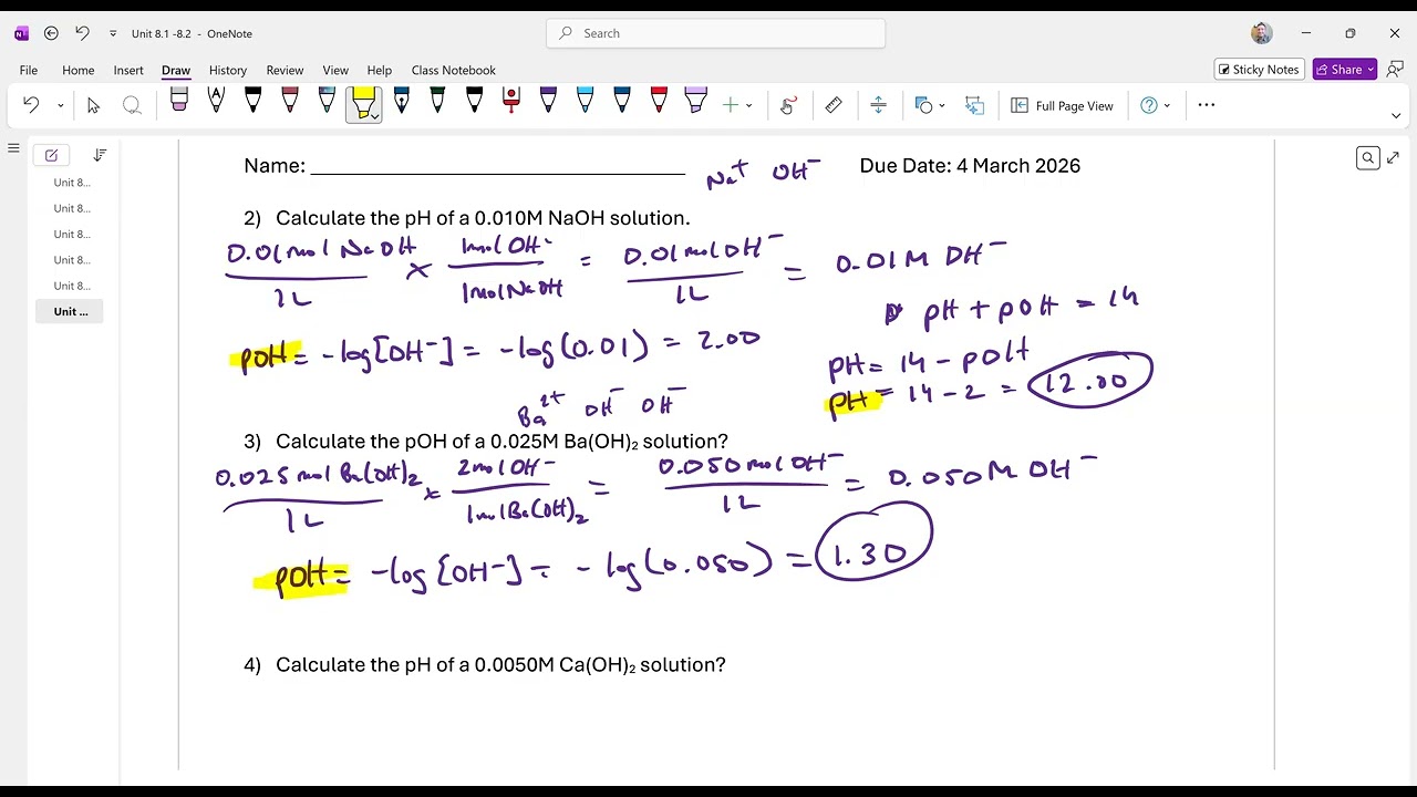 AP Chemistry Unit 8.2 Worksheet pH and pOH of Strong Acids and Strong Bases