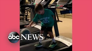 Energetic 7-year-old jumps across 3 treadmills showcasing his basketball skills | GMA