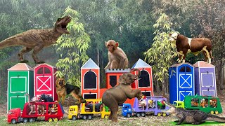 Mobil truk gandeng hewan angkut sapi moo, sapi warna warni, kerbau, anjing, singa, gajah, dinosaurus