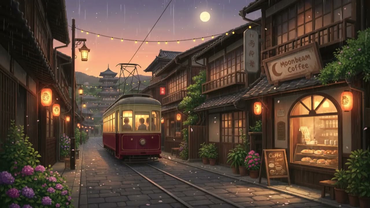 Rain Over Old Japan Town 🌧️🚋 Lantern-Lit Street | Chill Lofi Beats for Focus & Night Calm