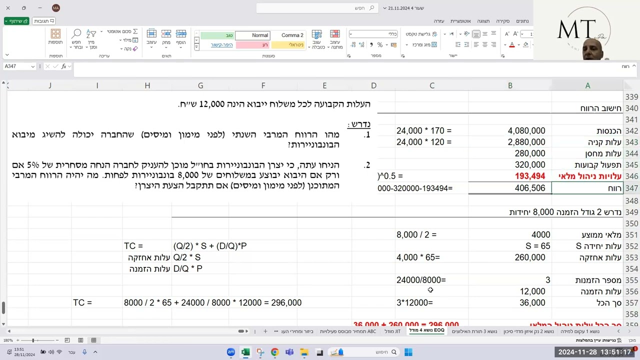 מכון לב, חשבונאות ניהולית מתקדמת, שעור 5 28.11.2024 עמי מי-טל, רו"ח MBA