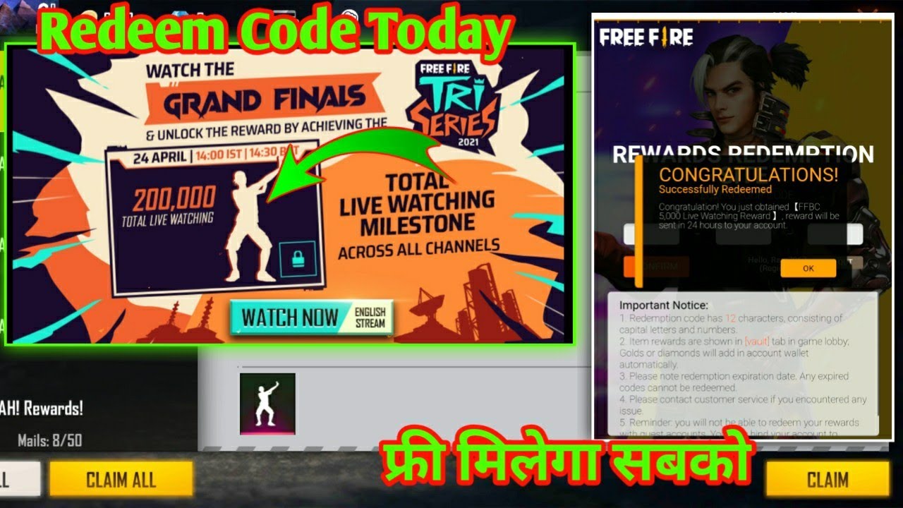 Redeem code today | TRI Series 2021 Grand Finals Redeem Code |  Free fire redeem code today