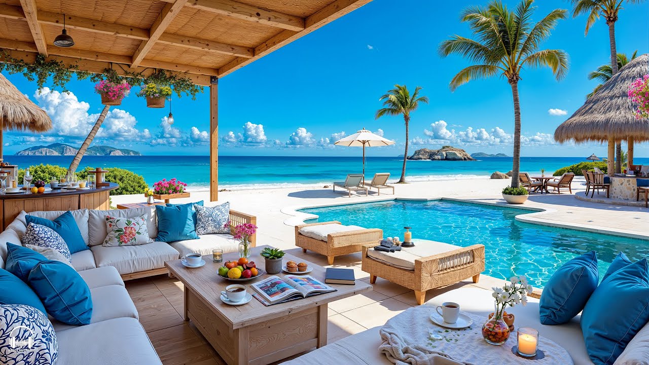 Sweet Morning Ambience at the Beach Resort 🌊 Happy Bossa Nova Jazz Music & Ocean Waves for Relax