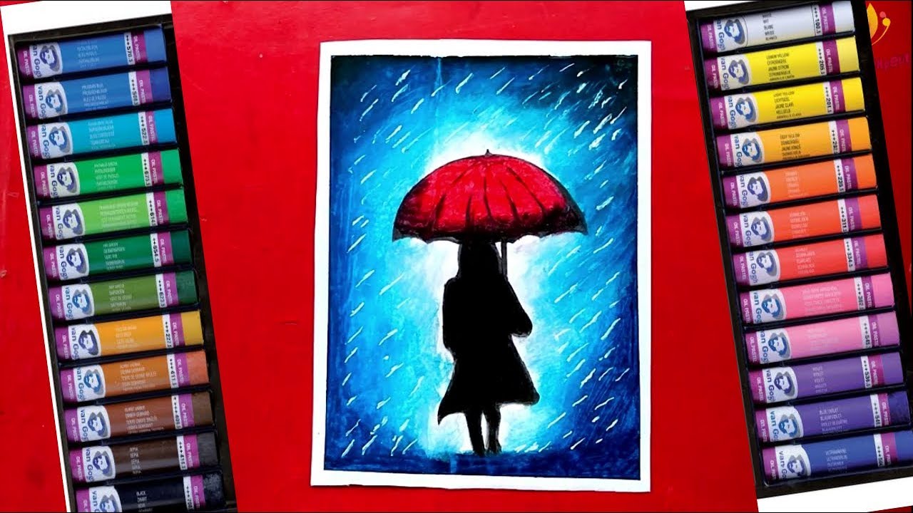 pic Rainy Season Oil Pastel Drawing Scenery Hard rainy season drawing oil pastels drawing girl with umbrella