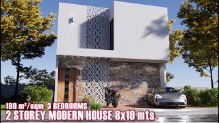 Increíble casa moderna con jardín interior 8x19 mts. 180 m² #casa #increible #planos #rendering